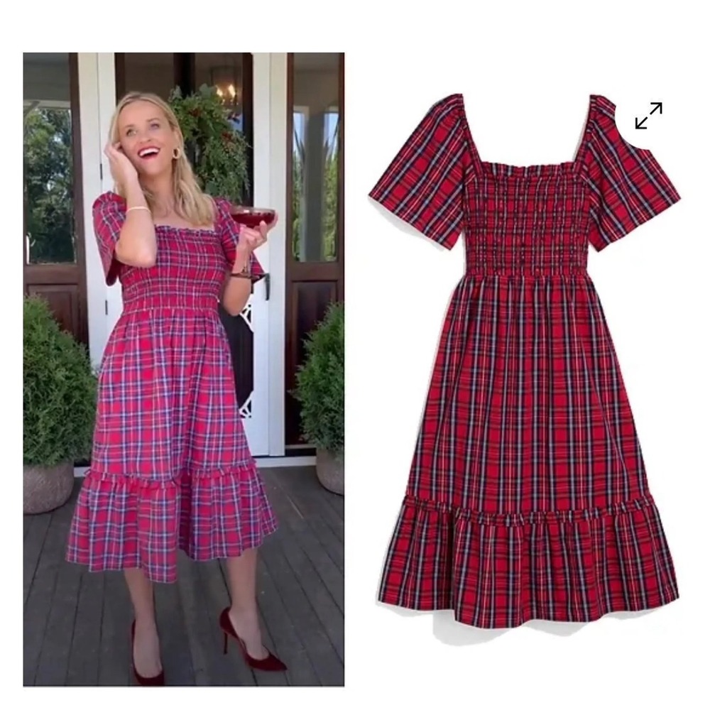 Draper James Deana Smocked Dress Womens 1X Red Angie Plaid NEW Midi Puff Sleeve‎